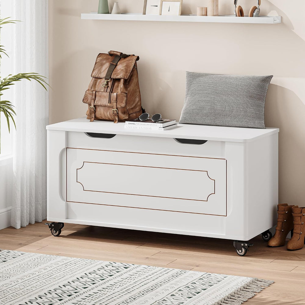 IDEALHOUSE Storage Chest, 39.4" Storage Bench Wooden Storage Trunk, Whit...
