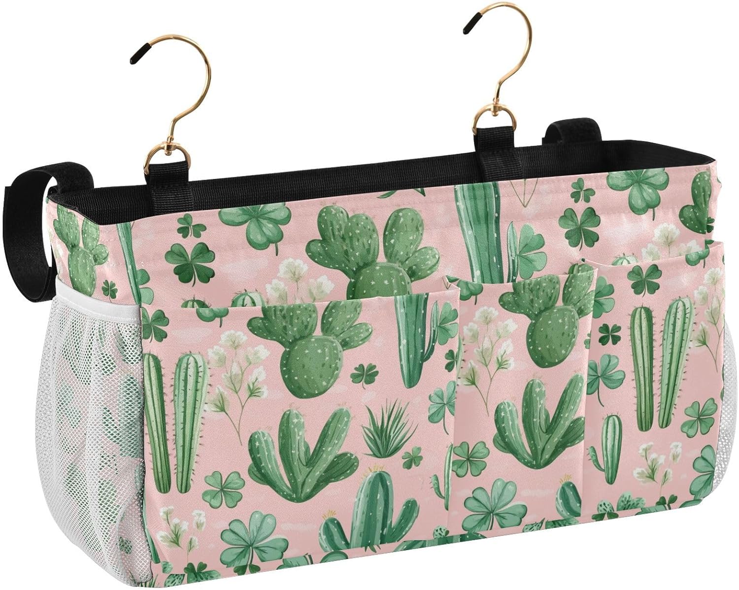 Floral Pink Cacti and Clovers Bedside Caddy for Dorm Bed Bedside Hanging Caddy Bag Iron Frame Storage Organizer Pocket for Bunk Home College Hospital Beds 2 Hooks