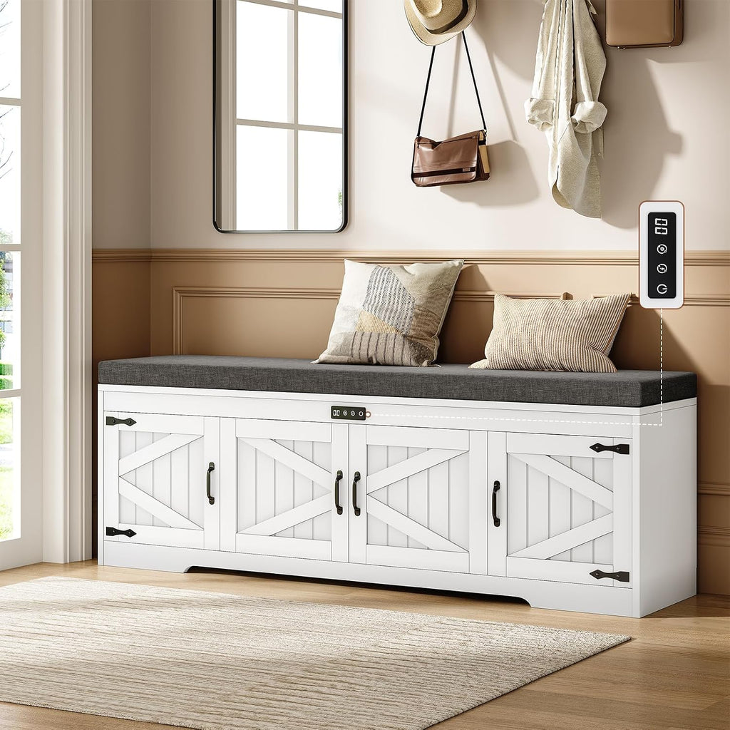UPOSOJA 60“ Farmhouse Shoe Storage Bench with Deodorizing, Entryway Storage Bench with Cushion Seat, 4 Doors Freestanding Hidden Shoe Rack, Adjustable Shelf, for Bedroom, Living Room (White, 60IN)