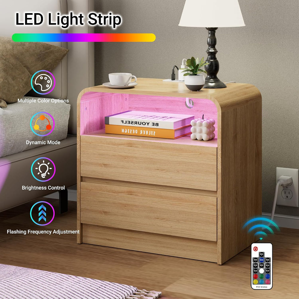23"W 2 Drawer Nightstand with Charging Station and RGB LED Light | Curve...