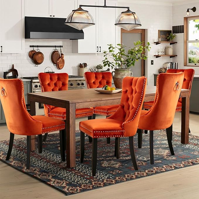 Velvet Upholstered Dining Chairs Set of 6, Modern Style Kitchen Side Chairs with Nailhead Trim and Wood Legs,Metal Pulling Ring for Dining Room Living Room(Orange,Set of 6)