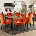Velvet Upholstered Dining Chairs Set of 6, Modern Style Kitchen Side Chairs with Nailhead Trim and Wood Legs,Metal Pulling Ring for Dining Room Living Room(Orange,Set of 6)