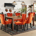 Velvet Upholstered Dining Chairs Set of 6, Modern Style Kitchen Side Chairs with Nailhead Trim and Wood Legs,Metal Pulling Ring for Dining Room Living Room(Orange,Set of 6)
