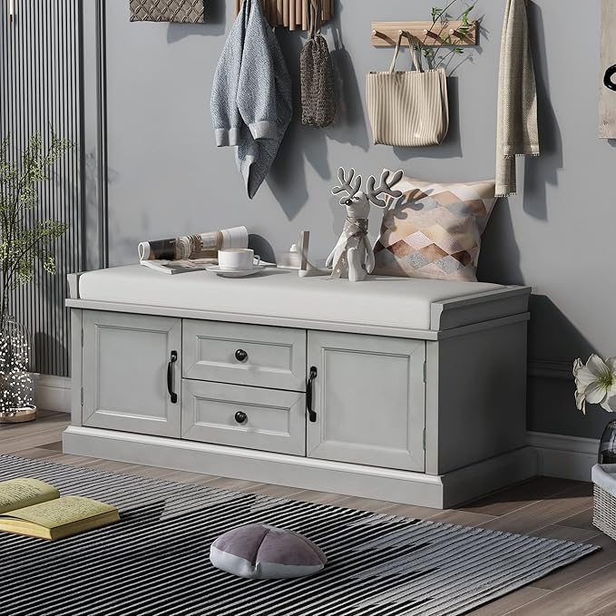 42″ Storage Bench with 2 Drawers and 2 Cabinets，Multipurpose Entryway Shoe Rack W/Removable Cushion，for Living Room Hallway Porch,Gray Wash