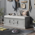 42″ Storage Bench with 2 Drawers and 2 Cabinets，Multipurpose Entryway Shoe Rack W/Removable Cushion，for Living Room Hallway Porch,Gray Wash