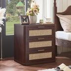 LEYAOYAO Rattan Night Stand Set of 2 with Charger Station, 23" Large 3 Drawer Boho Nightstand, Walnut Bedside Table Storage Cabinet, Bed Side End Tables for Bedroom, Living Room, Hallway