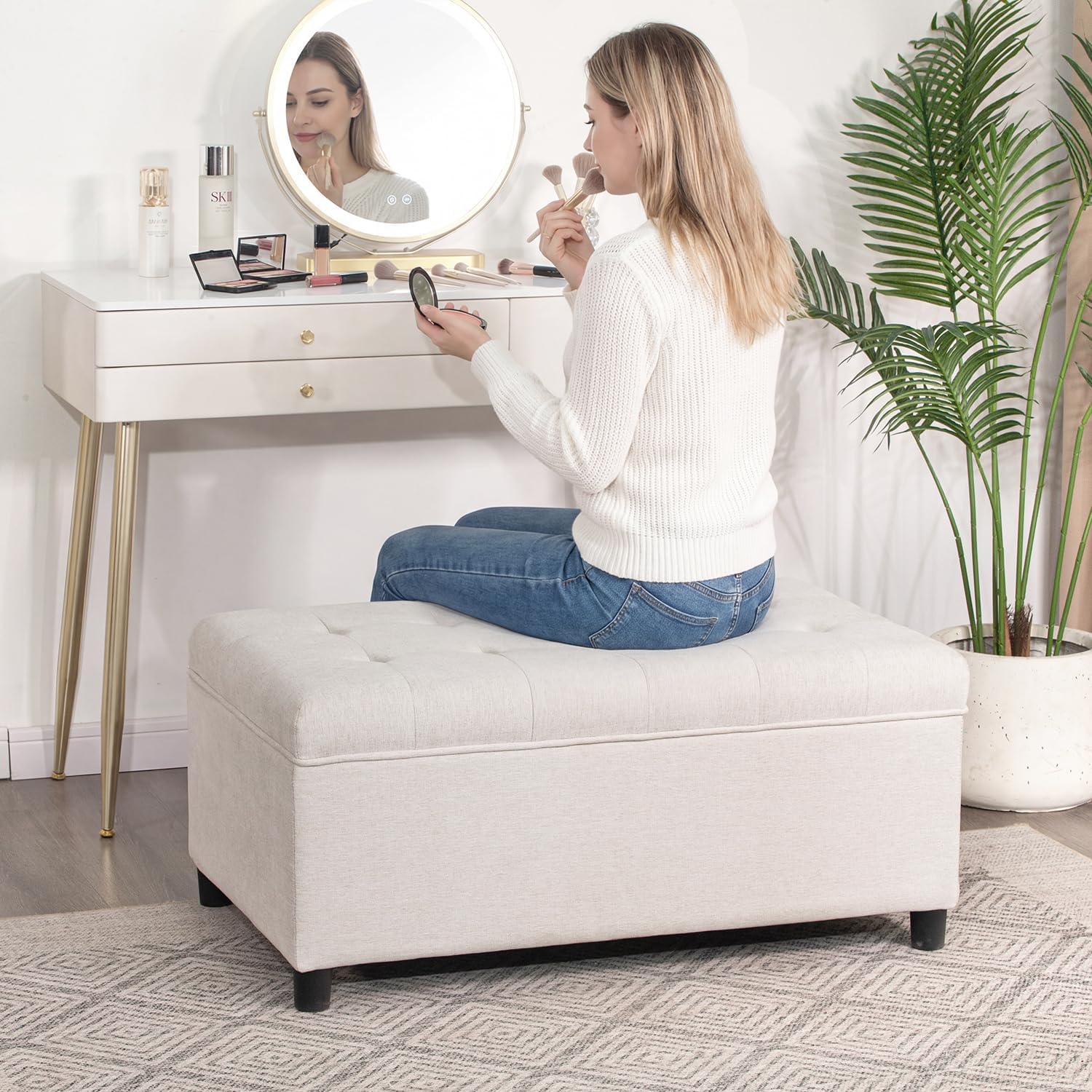 Storage Ottoman Bench 35 inch Linen Bench for Living Room | Multi-functional Ottoman with Storage with Hinged Lid for Bedroom End of Bed, Entryway Shoe Seat Easy Assembly, Linen Beige