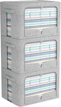 FHSQX 3 Pack Clothes Storage Bins Foldable Metal Frame Storage Box Stackable Linen Fabric Organizer Set with Carrying Handles and Clear Window (Light Gray, 15.7x11.8x11.8inch(36L))