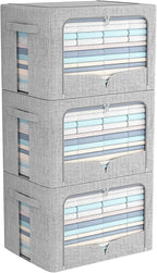 FHSQX 3 Pack Clothes Storage Bins Foldable Metal Frame Storage Box Stackable Linen Fabric Organizer Set with Carrying Handles and Clear Window (Light Gray, 15.7x11.8x11.8inch(36L))