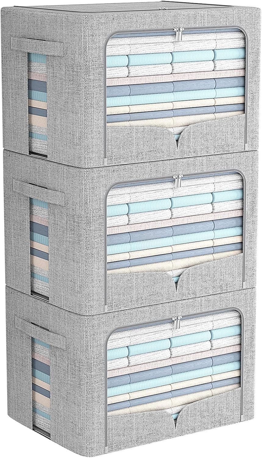 FHSQX 3 Pack Clothes Storage Bins Foldable Metal Frame Storage Box Stackable Linen Fabric Organizer Set with Carrying Handles and Clear Window (Light Gray, 15.7x11.8x11.8inch(36L))