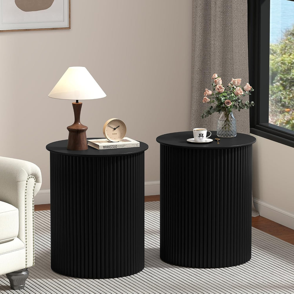 Round Fluted Side Table Set of 2, 17.7" Mid-Century Modern End Tables, W...