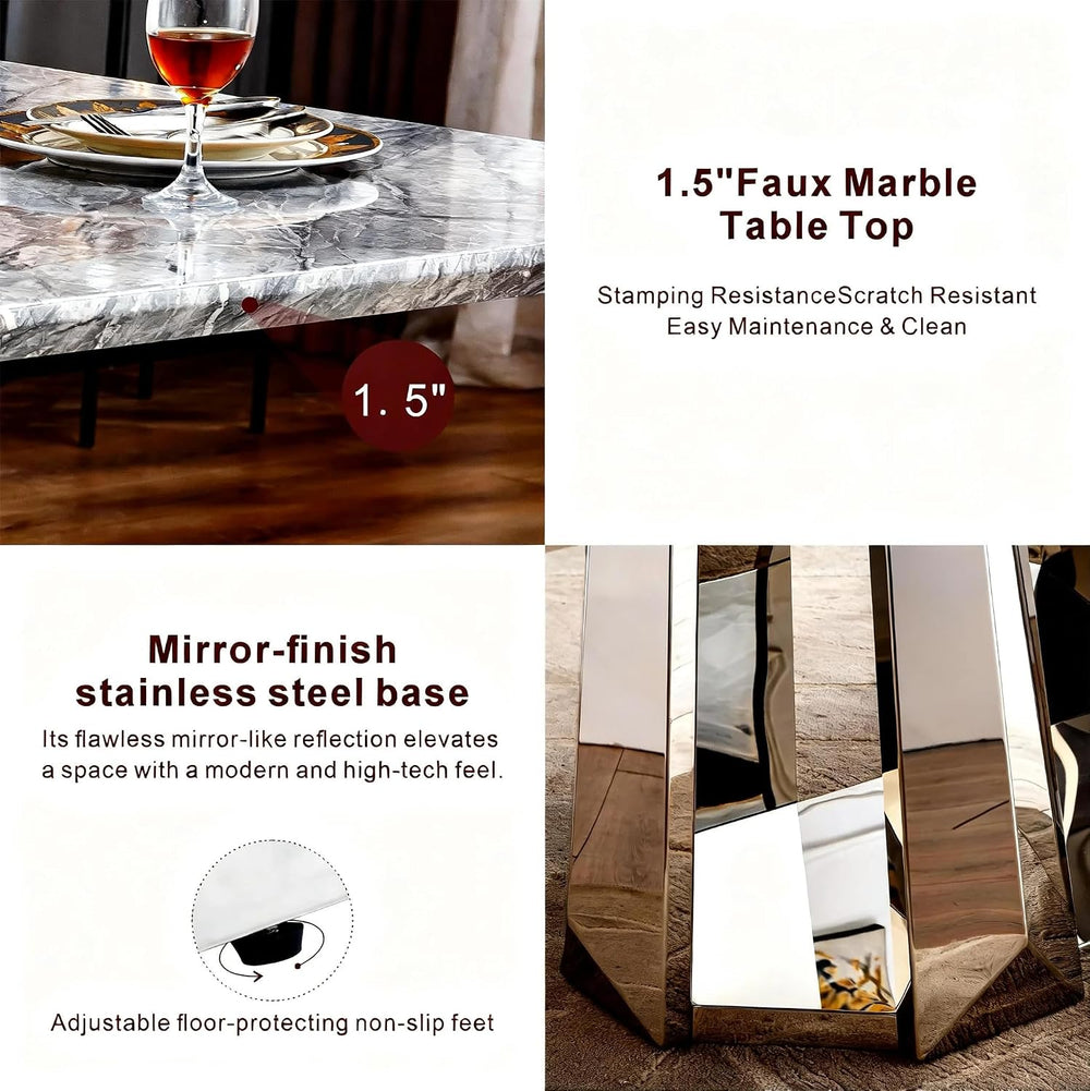 70" Rectangle Faux Marble Luxury Grey Dining Table for 6-8 People, Moder...