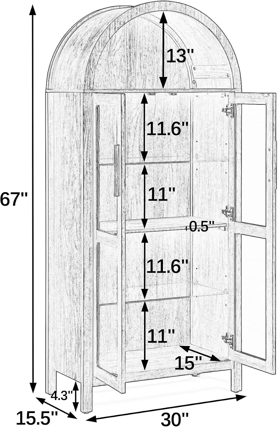 JIJIWANG Tall Wooden Arched Cabinet,LED Arched Kitchen Pantry Cabinet with Do...