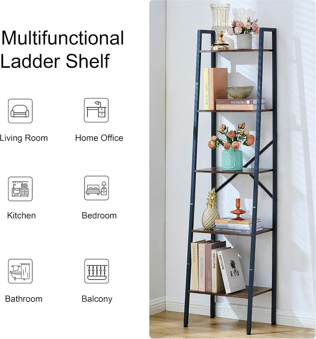 Hoctieon Industrial Ladder Bookshelf, Multifunctional Ladder Shelf, 5-Tier Tall Bookshelf, Open Ladder Shelf Bookcase, for Living Room, Home Office, Kitchen, Bedroom, Metal Frame, Rustic Brown