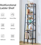 Hoctieon Industrial Ladder Bookshelf, Multifunctional Ladder Shelf, 5-Tier Tall Bookshelf, Open Ladder Shelf Bookcase, for Living Room, Home Office, Kitchen, Bedroom, Metal Frame, Rustic Brown