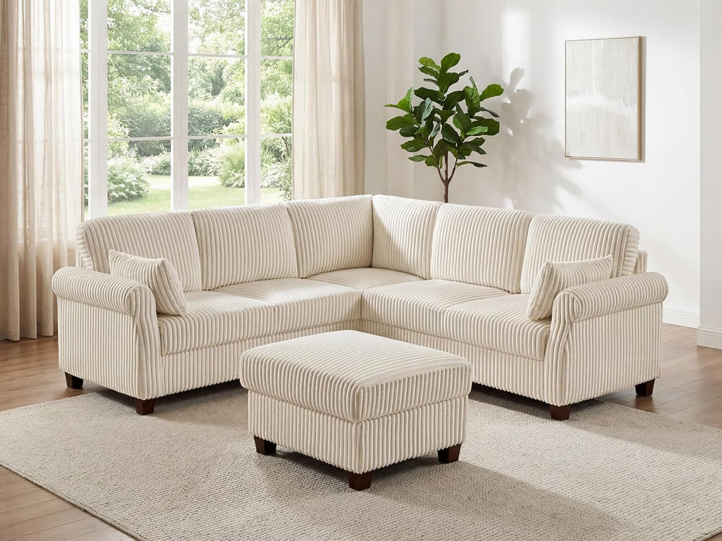 90.6" V-Shaped Sectional Sofa with Storage Ottoman, Corduroy Beige | Cloud Comfort, Couches for Living Room, 5-Seat, Comfy Deep Seat, 2 Throw Pillows, Bedroom, Apartment, Office