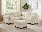 90.6" V-Shaped Sectional Sofa with Storage Ottoman, Corduroy Beige | Cloud Comfort, Couches for Living Room, 5-Seat, Comfy Deep Seat, 2 Throw Pillows, Bedroom, Apartment, Office