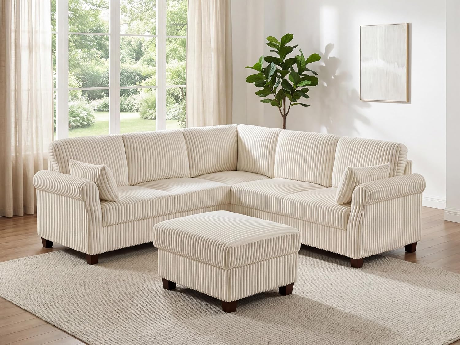 90.6" V-Shaped Sectional Sofa with Storage Ottoman, Corduroy Beige | Cloud Comfort, Couches for Living Room, 5-Seat, Comfy Deep Seat, 2 Throw Pillows, Bedroom, Apartment, Office