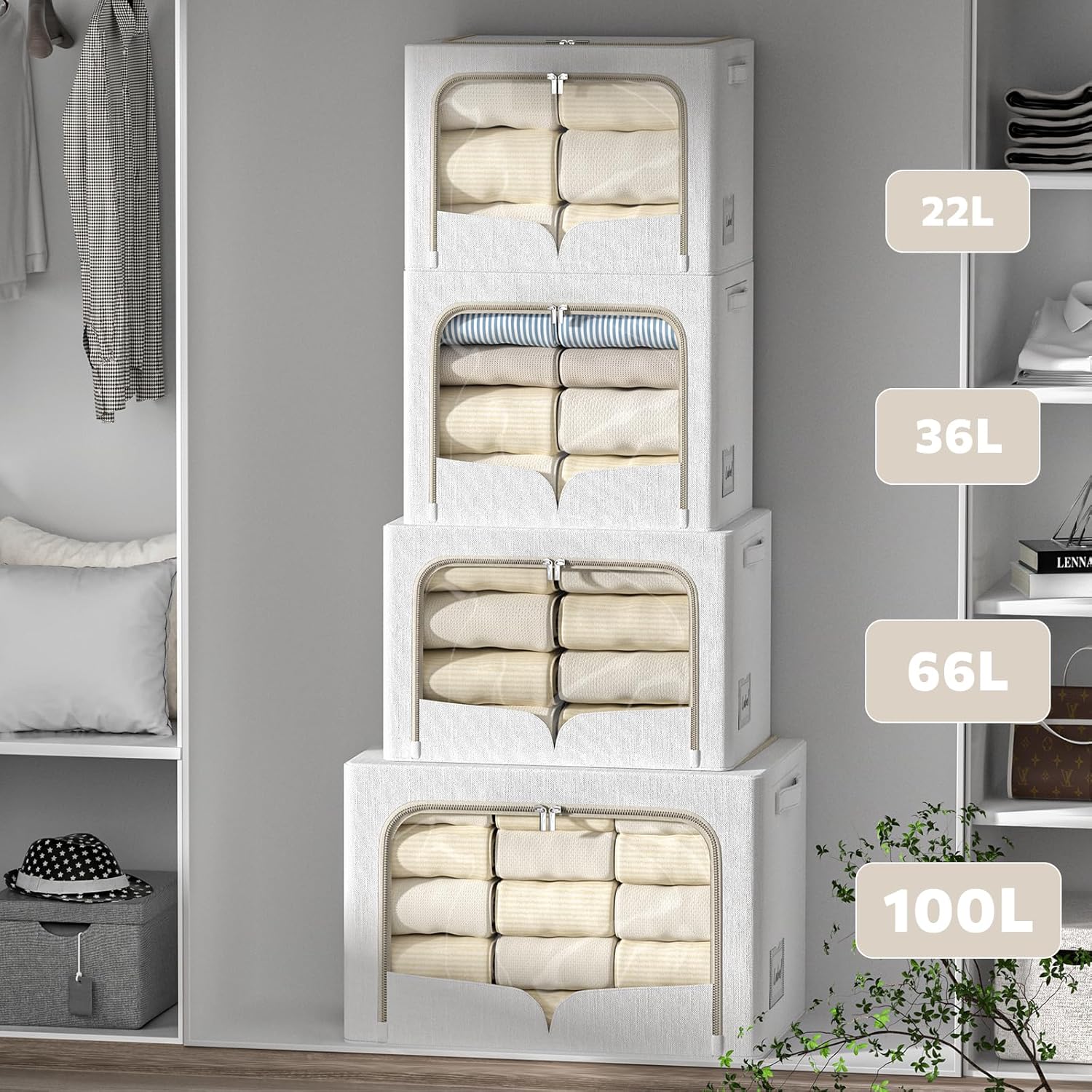 FHSQX 3 Pack Clothes Storage Bins Foldable Metal Frame Storage Box Stackable Linen Fabric Container Organizer Set with Carrying Handles and Clear Window (Cream White, 23.6x16.5x15.7inch(100L))