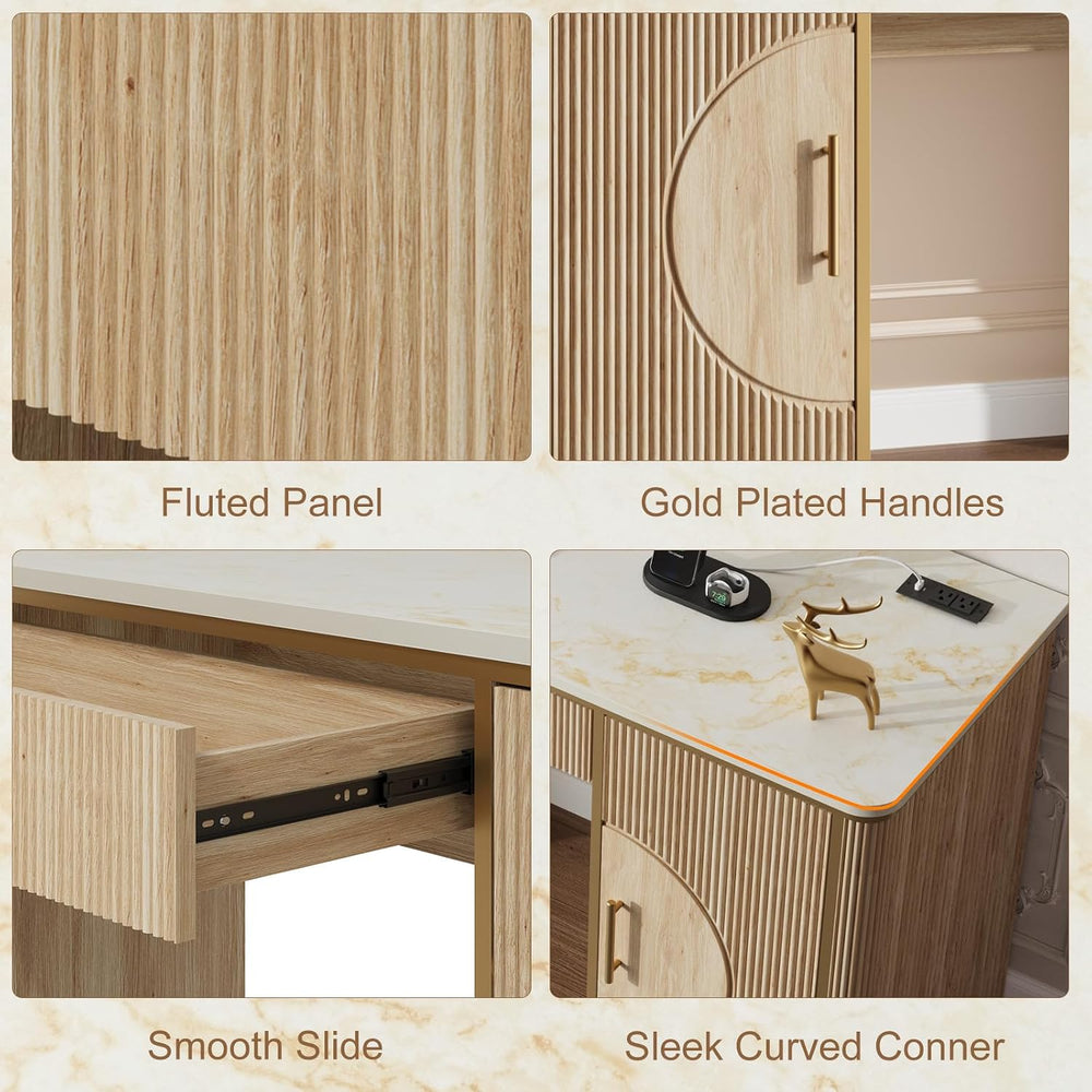 60" Fluted Computer Desk, Wooden Long Home Office Writing Desk with Draw...