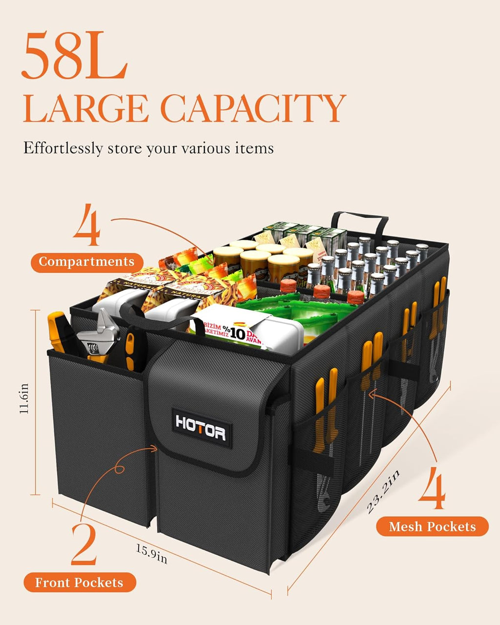 HOTOR Trunk Organizer - Car Organizer, Foldable Trunk organizer for SUVs & Sedans, Sturdy Car Organization for Car Accessories, Tools, Sundries, Black, 4 Compartments, 23.2"×16.0"×11.6"