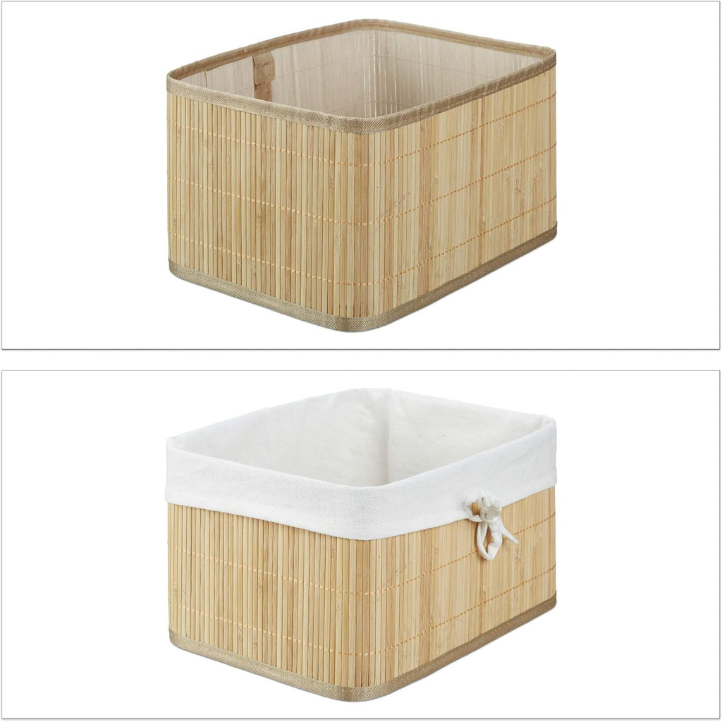 Relaxdays Set of Bamboo Storage Baskets, HxWxD: 17.5 x 32 x 23 cm, Set of 4 Bins for the Shelf or Closet, Natural Brown