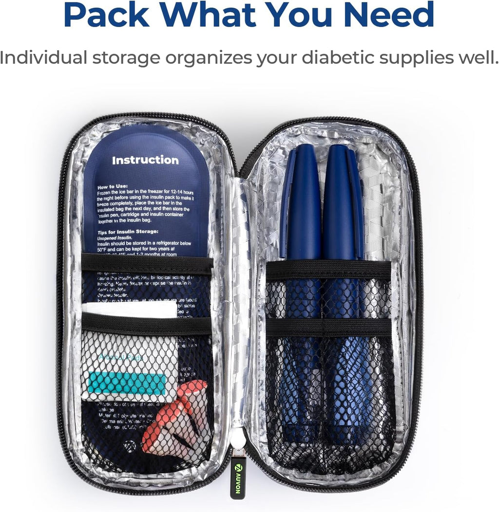 AUVON Insulin Pen Cooler Travel Case with 2 * 90g TSA Approved Ice Packs, Diabetic Medication Insulated Cooling Bag for Insulin Pens and Diabetic Supplies Storage, Compact for Daily Life and Trips