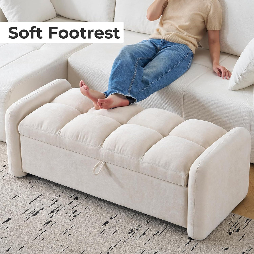 Oversized Ottoman Bench with Storage, Chenille Beige | Oversized Storage Benc...