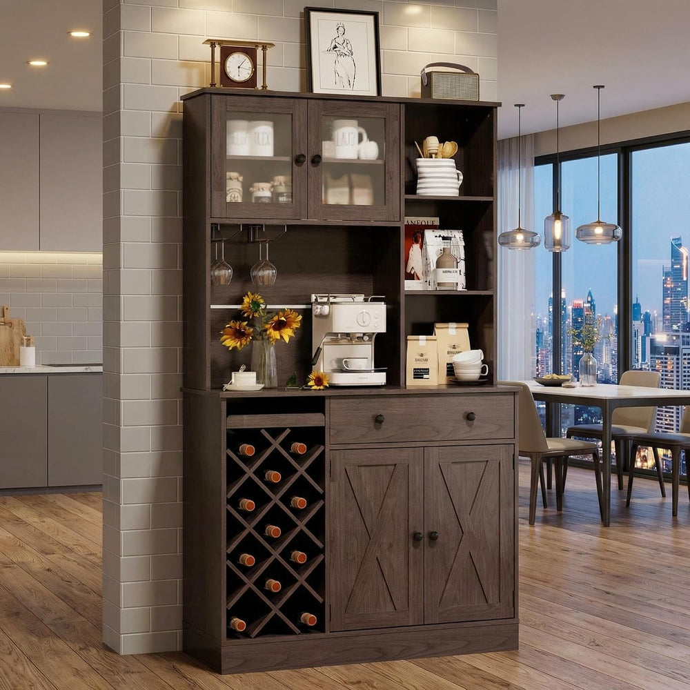 71-Inch Kitchen Hutch Cabinet with Storage, White & Light Walnut Top, Acr...