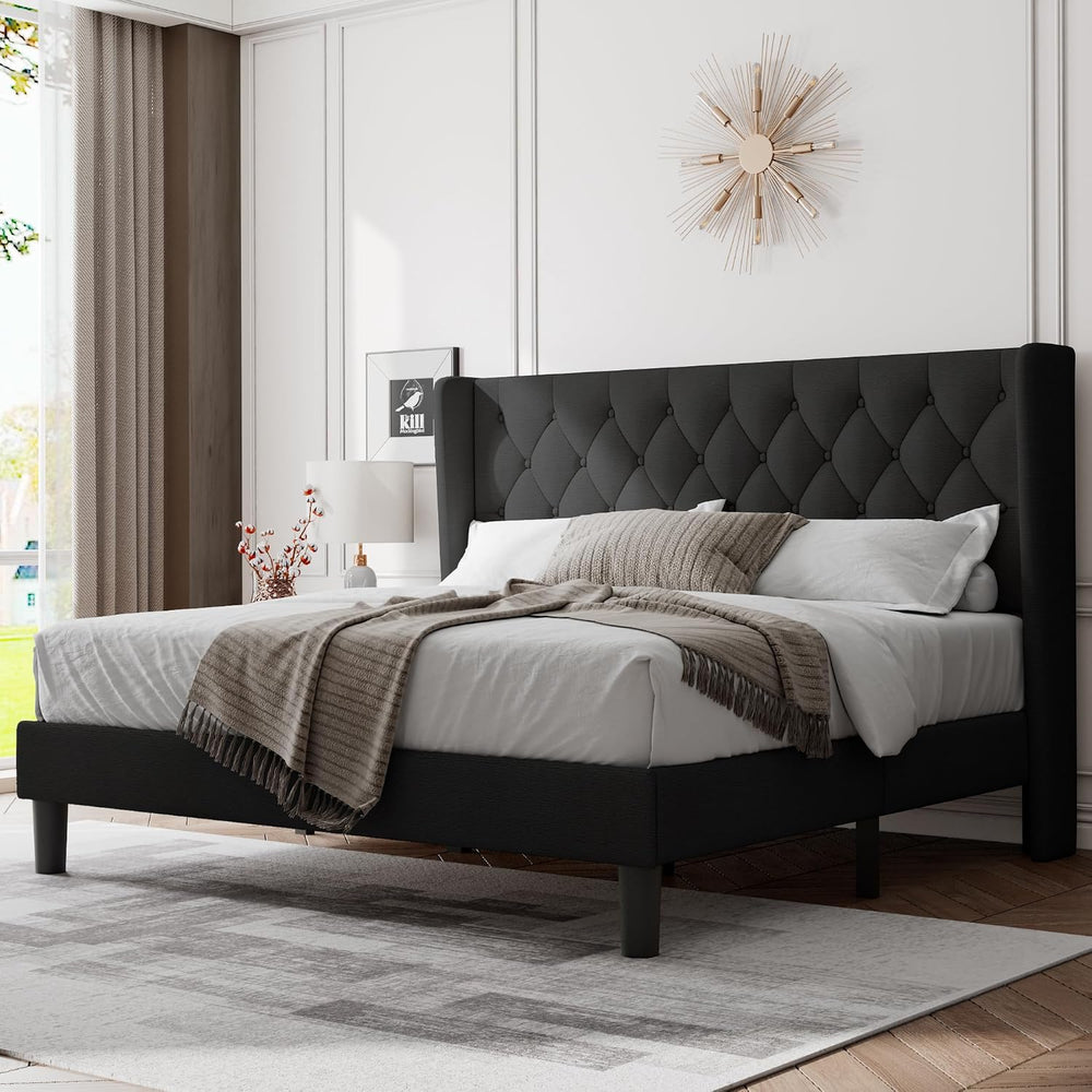 Feonase King Size Bed Frame with Wingback Tufted Headboard, Upholstered Platf...