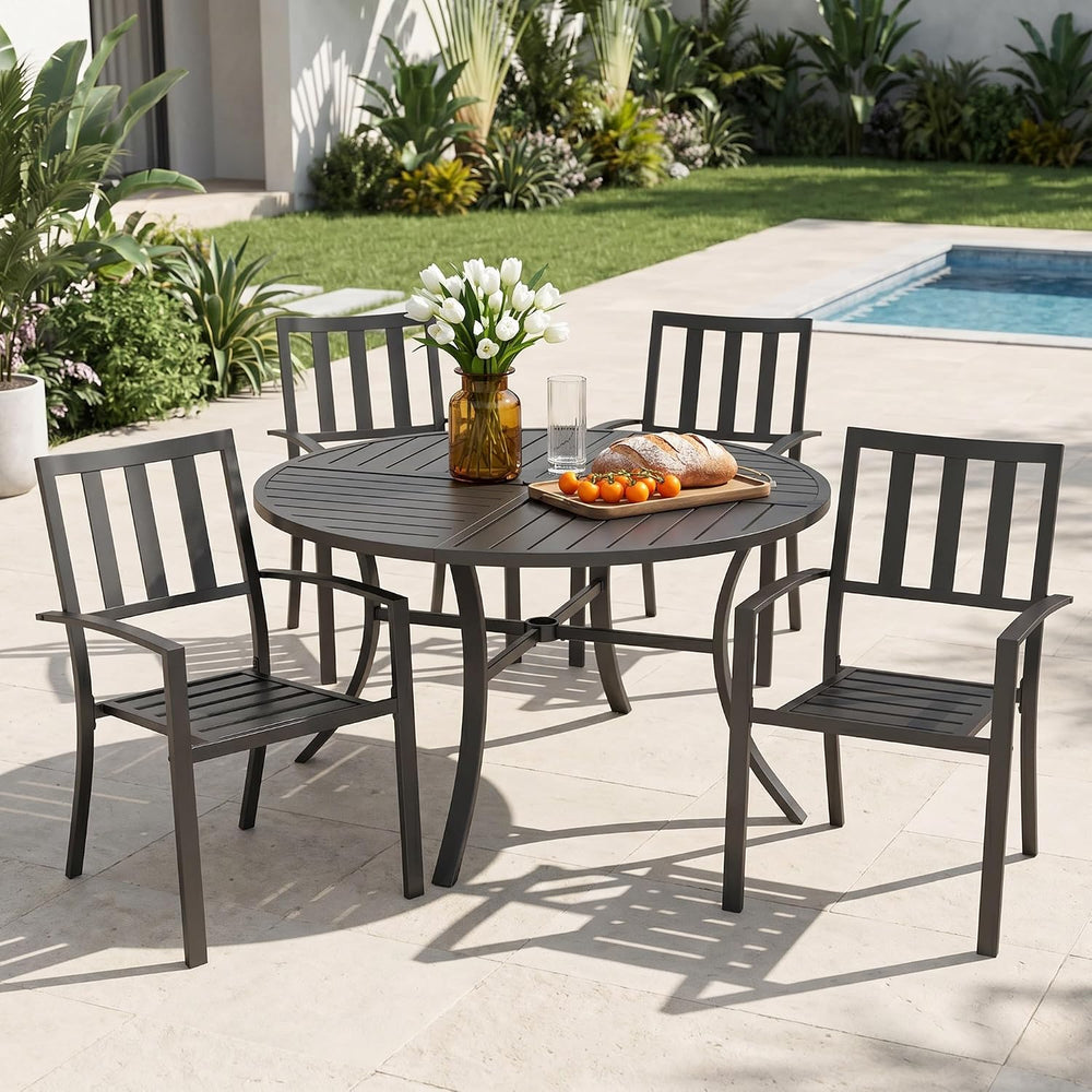 MFSTUDIO Round Outdoor Table and Chairs Set for 4,42" Metal Table&Ch...