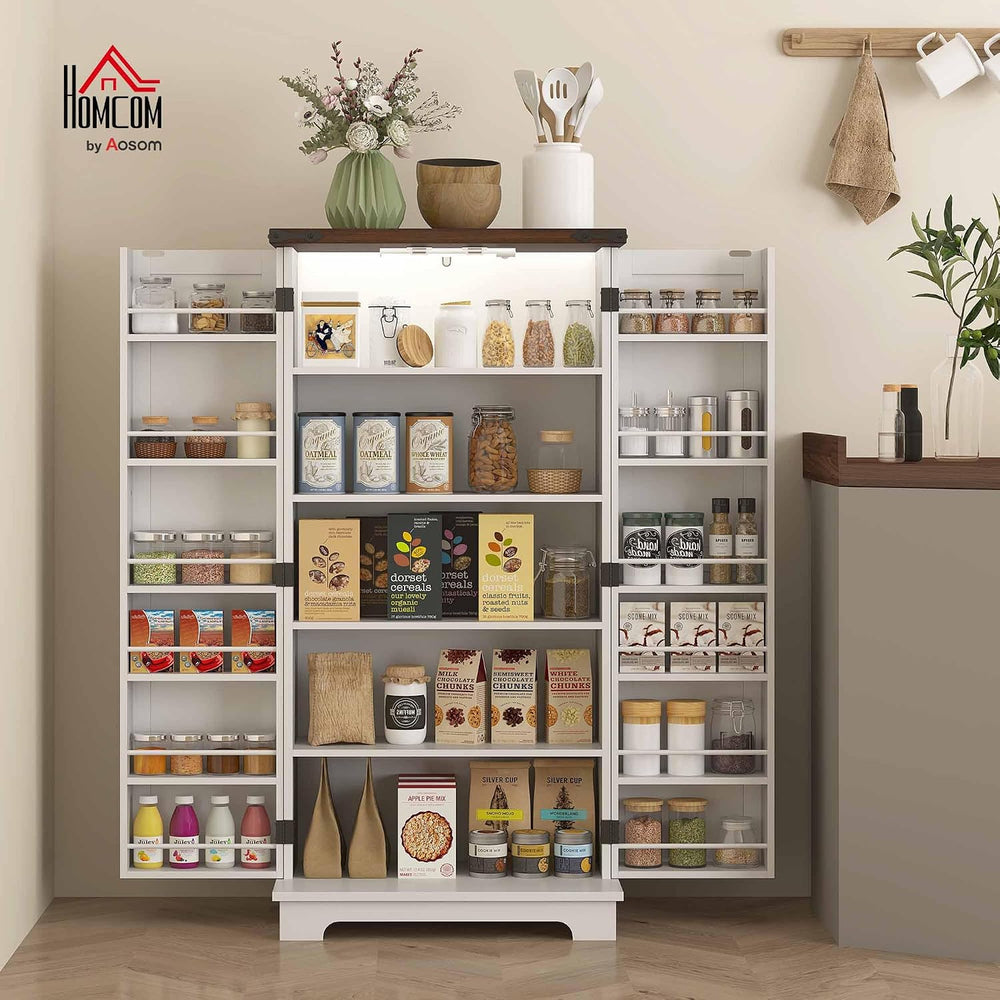HOMCOM 47" LED Kitchen Pantry Cabinet with Barn Door 5 Deep Shelves Whit...