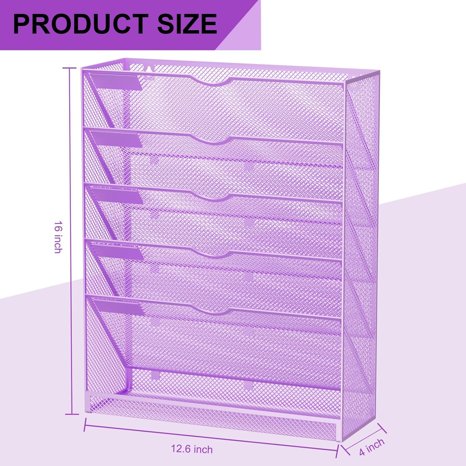 Hanging Wall File Organizer 6 Tier Wall Mounted Mail Paper Folder Holder Document Organization Stand, Vertical Desk Magazine Rack for Office Home Cubicle Countertop, Light Purple