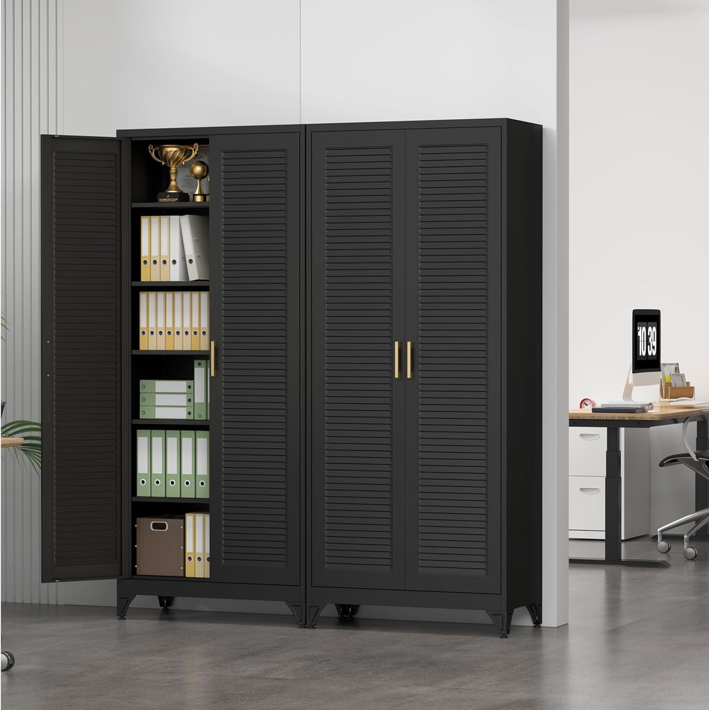 75" Tall Kitchen Storage Cabinets with 5 Adjustable Shelves, Black | Metal Storage Cabinet, Pantry with Louvered Doors, Large Cupboard, Locker for Kitchen, Office, School, Living Room, Dining
