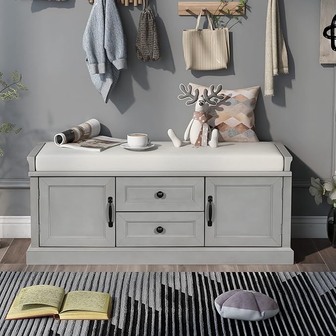 42″ Storage Bench with 2 Drawers and 2 Cabinets，Multipurpose Entryway Shoe Rack W/Removable Cushion，for Living Room Hallway Porch,Gray Wash