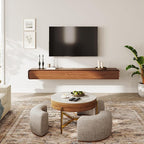 POVISON Fully-Assembled Minimalist Floating TV Stand, Modern Wall-Mounted Entertainment Center with 4 Flip-Down Cabinet Doors, Solid Wood Media Console, Walnut Veneer, 94"