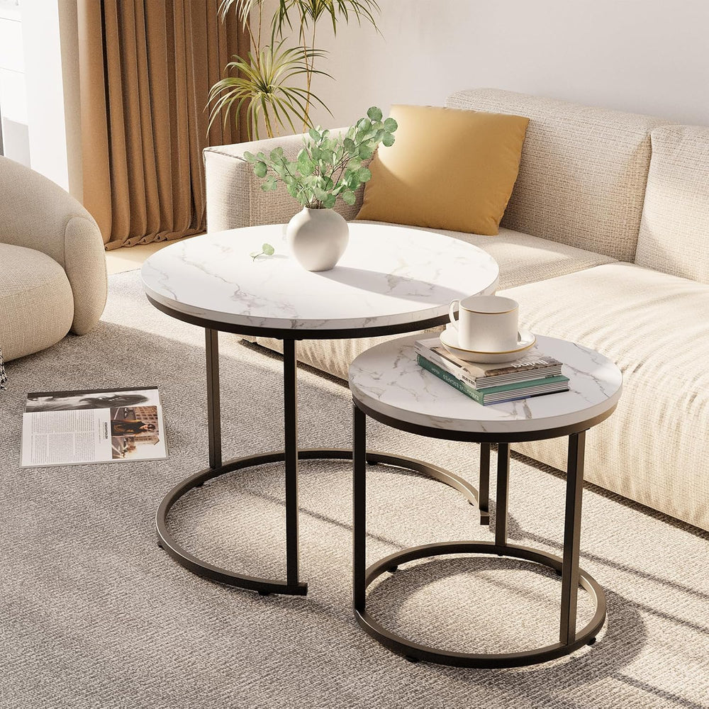 aboxoo Round Nesting Coffee Table Side Table Set of 2 End Tables for Living R...
