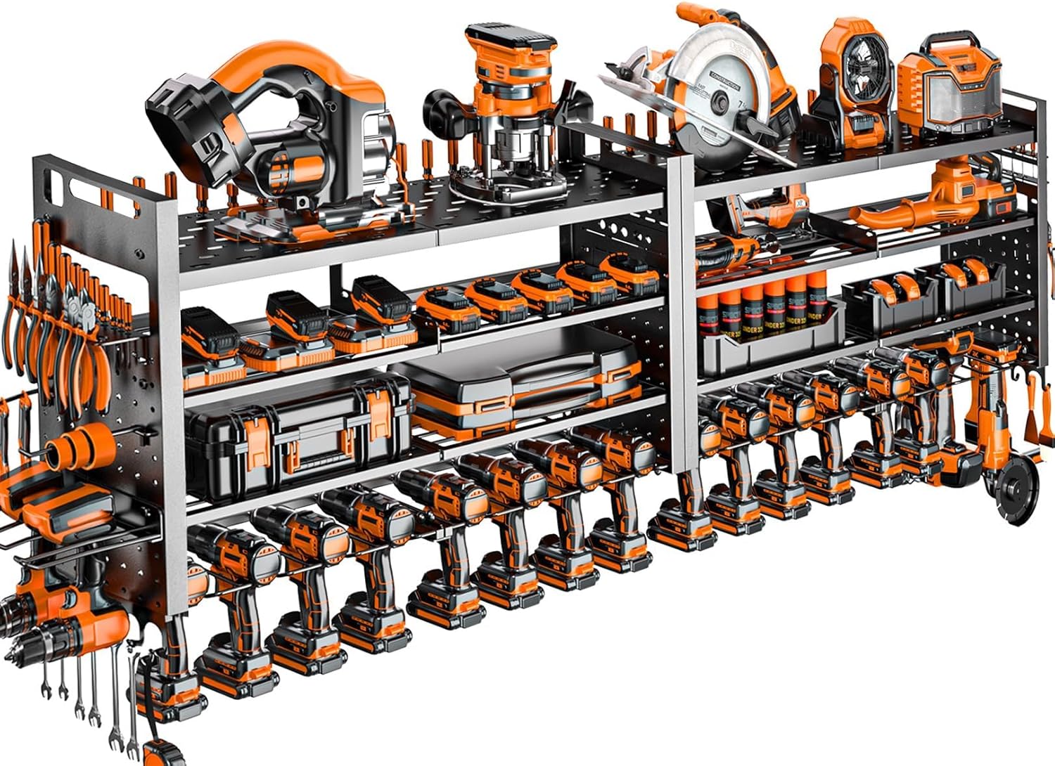 66" W Super Large Power Tool Organizer Wall Mount,Heavy Duty Cordless Tool Organizer with 18 Drill Holder,600 Lbs Capacity 4-Layer Garage Organization for Garage and Workshop (Black)