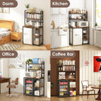 Multi-Functional Mini Fridge Stand, Mini Fridge and Microwave Storage Shelves with Power Outlet, Large Bakers Rack and Storage for Kitchen Appliances, Perfect for Dorm Kitchen Coffee Bar