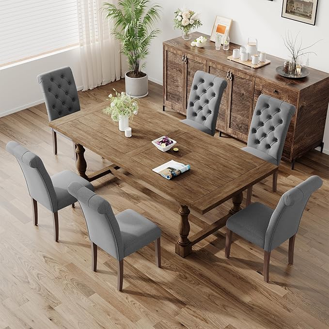 Upholstered Tufted Dining Room Chairs Set of 4, Parsons Kitchen Chairs with Padded Seat and Solid Wood Legs, Fabric Accent Side Diner Chair for Dining Room/Kitchen/Living Room, Grey