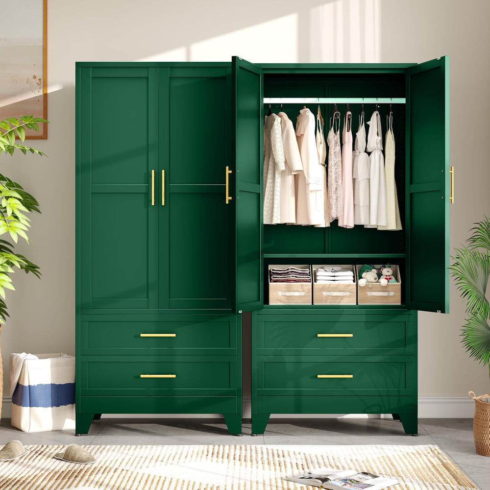 Metal Armoire Wardrobe Closet Cabinet with Hanging Rod, 2 Drawers