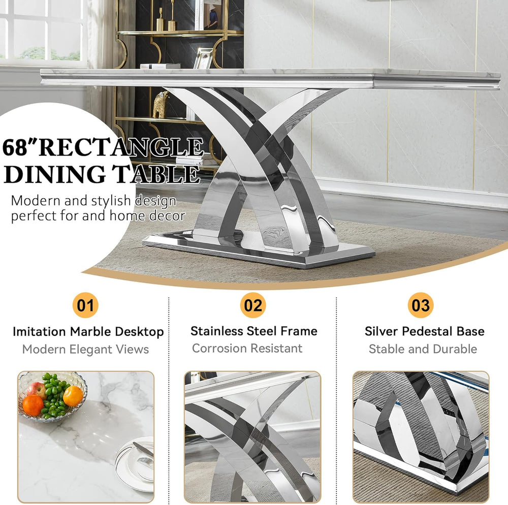 68" Marble Dining Table Set for 6, Modern Rectangle Dining Room Table Se...