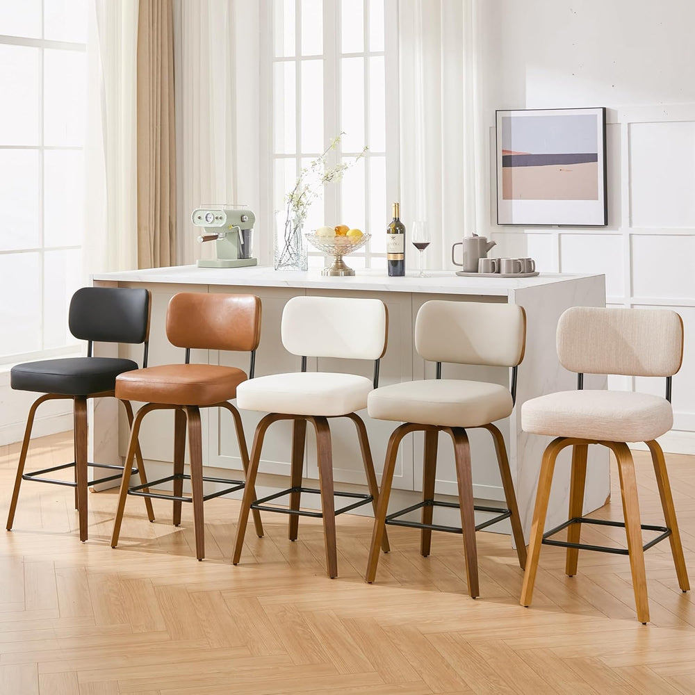 Swivel Bar Stools Set of 3, 26" Counter Height, Black | Walnut Wood Legs...