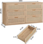 LEYAOYAO Rattan 6 Drawer Dresser for Bedroom Set of 2, Boho 54" Wide Natural Wood Dresser Chest of Drawers, Dressers TV Stand with Metal Handle, Storage Dressers Closet Organizer for Living Room