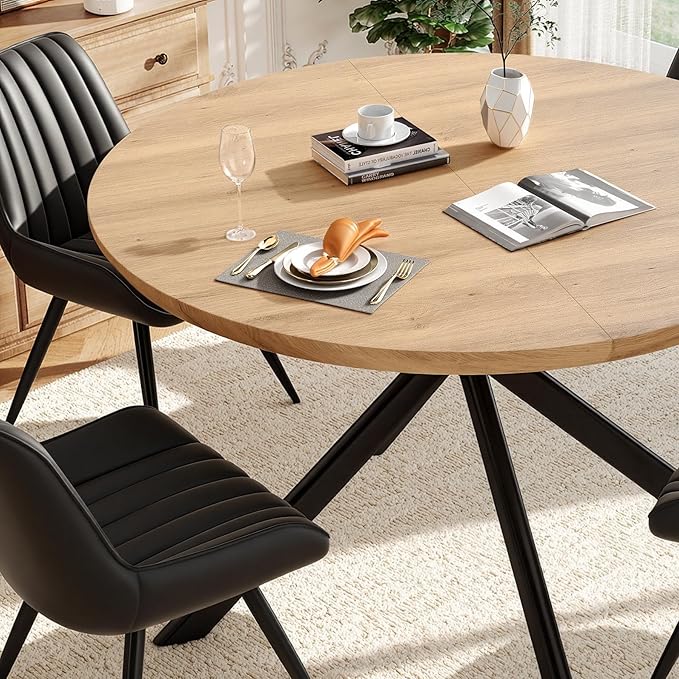 47.2" 5-Piece Round Dining Table Set for 4, Modern Wood Dining Table with 4 Upholstered Chairs, Kitchen & Dining Room Table Set with Metal Base for Apartment, Small Space, Natural Table+4 Balck Chairs