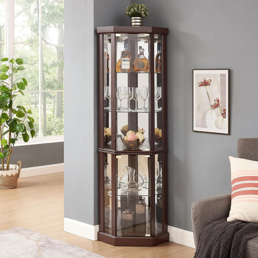 69" H Lighted Corner Curio Cabinet Display Case With Adjustable Shelves,...
