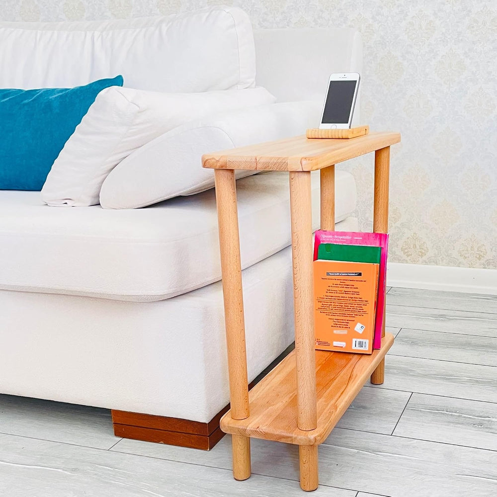 Handmade Slim Side Table Solid Beech Wood for Couch Living Room, Authentic Na...