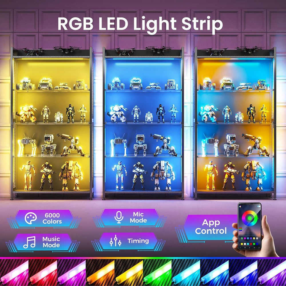 AODK Display Case with Glass Shelves & RGB Lights, 4-Tier Display Cabinet