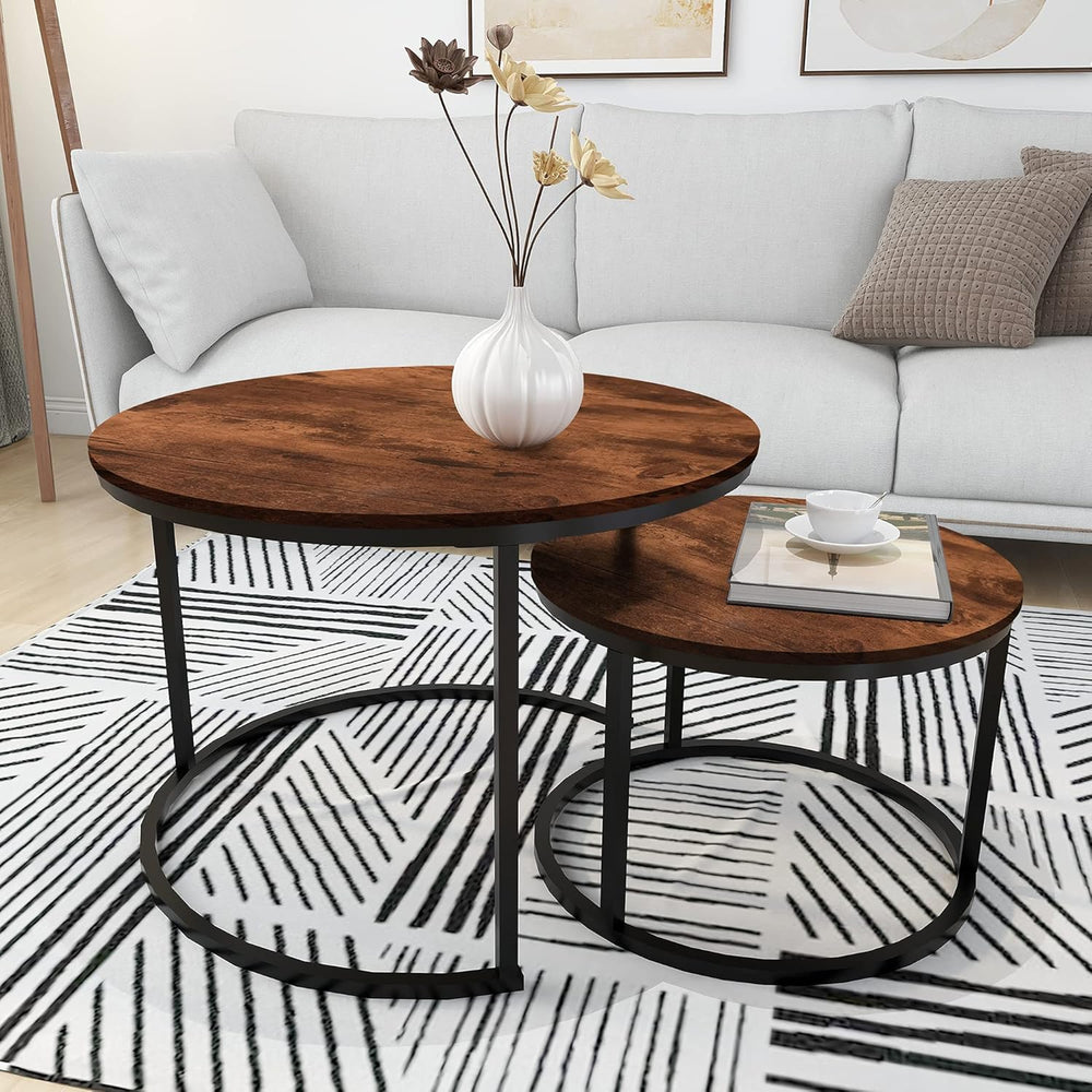 HOMERECOMMEND Round Coffee Table Set of 2 for Living Room,Rustic Brown | Mode...