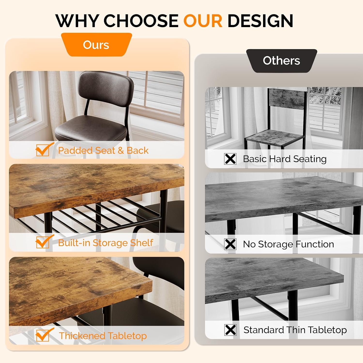 VINGLI Dining Table Set for 2, Small Kitchen Table Set with Upholstered Chairs, 3-Piece Dining Set with Storage Rack, Wood Dining Room Set with Metal Legs for Small Spaces, Living Room, Rustic Brown